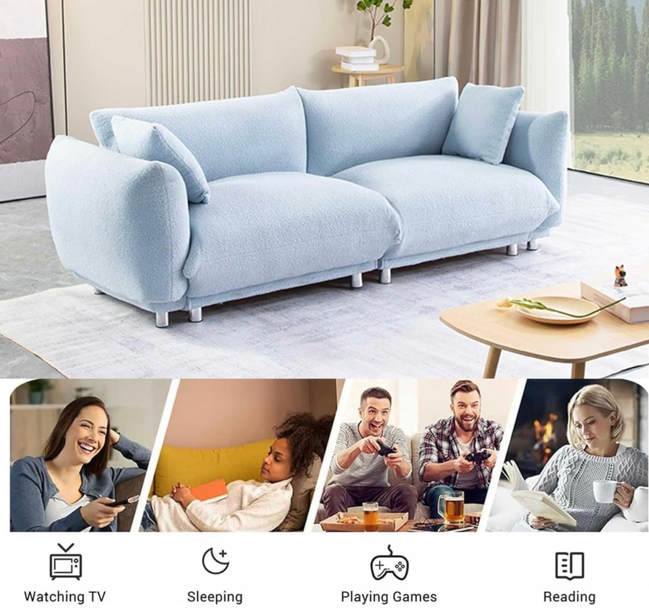 87 inch Modern Sofa, Teddy Comfy Sofa Couch with 2 Pillows, Upholstered Deep Seat Sofa, Oversized Sofa with Metal Legs for Small Space Office Apartments Bedroom Living Room (Blue)