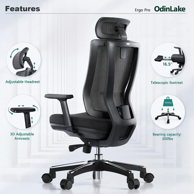 Ergonomic Office Chair Mesh,Seat Depth Adjustable Home Office Desk Chairs High Back with Lumbar Support,Computer Swivel Task Chair with Footrest, Headrest, PU Wheels