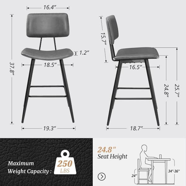 24.5 in. H Gray Metal Counter Height Bar Stools Curved Seat Faux Leather Barstools