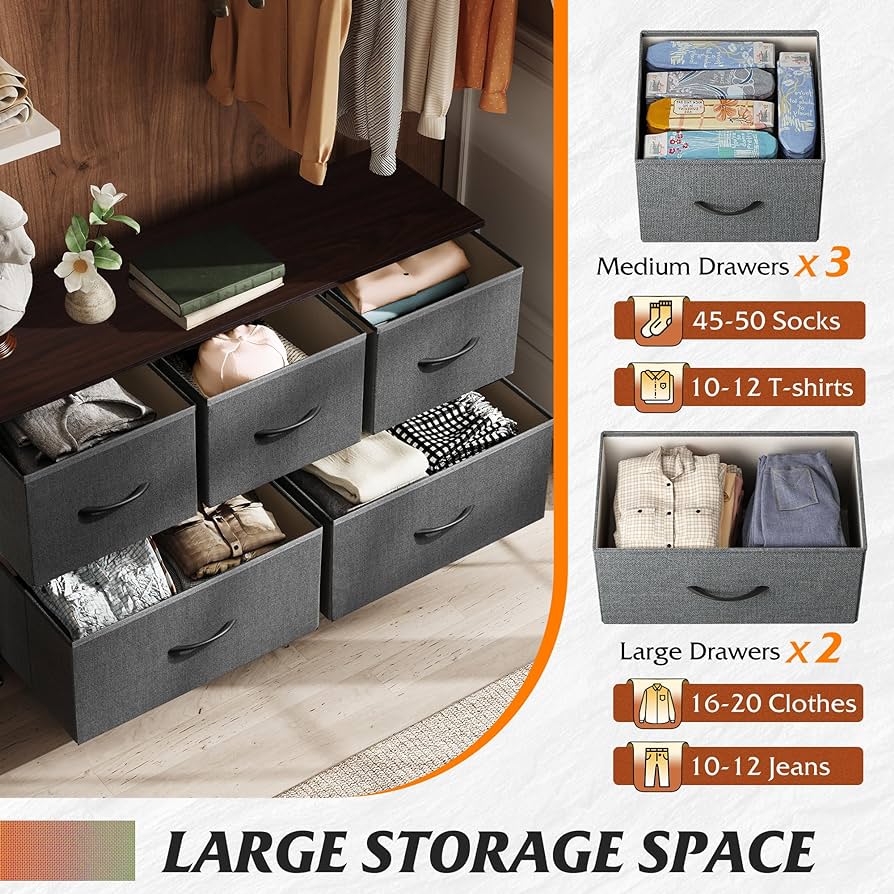 Dresser for Bedroom with 5 Drawers, Wide Chest of Drawers, Fabric Dresser, Storage Organizer Unit with Fabric Bins for Closet, Living Room, Hallway