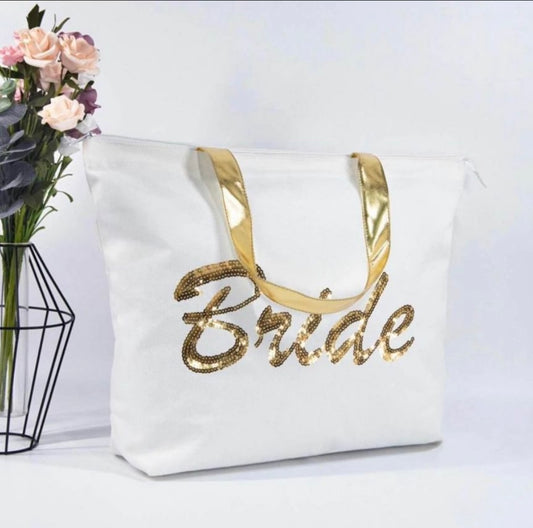 Wedding Gold Sequin Canvas Tote Bag Zipper,Bridal Shower Gifts for Bride Bag with an Internal Pocket