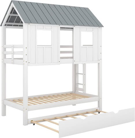Quarte Twin Over Twin House Bunk Bed with Slide and Windows, Wood Low Bunk Bed with Ladder and Guardrails,Designed for Toddlers/Kids/Teens/Girls/Boys