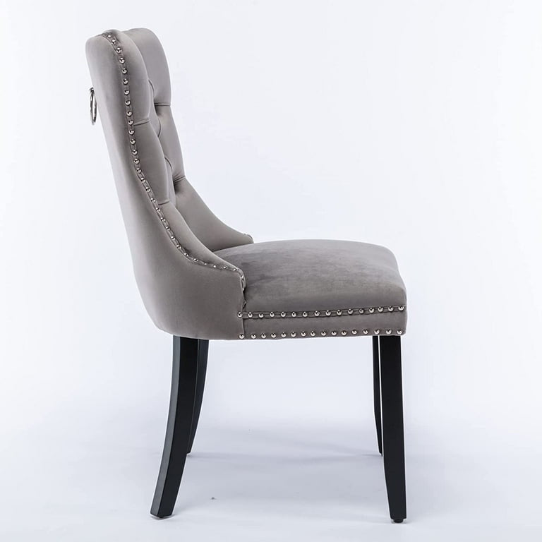 Velvet Fabric Dining Chairs Luxury Tufted Back with Nailed Trim and Back Ring Pull Home Kitchen Dining Room Chairs Armless Accent Side Chairs Solid Rubber Wood Legs.Grey