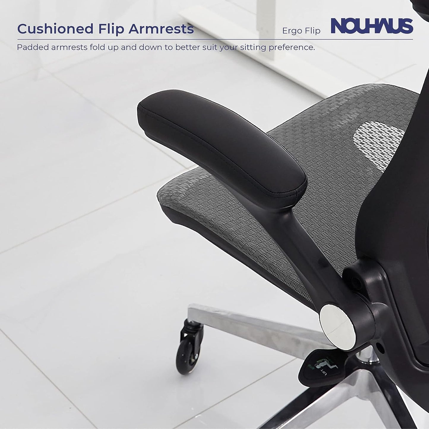 ErgoFlip Mesh Computer Chair - Grey Rolling Desk Chair with Retractable Armrest and Blade Wheels Ergonomic Office Chair, Desk Chairs, Executive Swivel Chair/High Spec Base