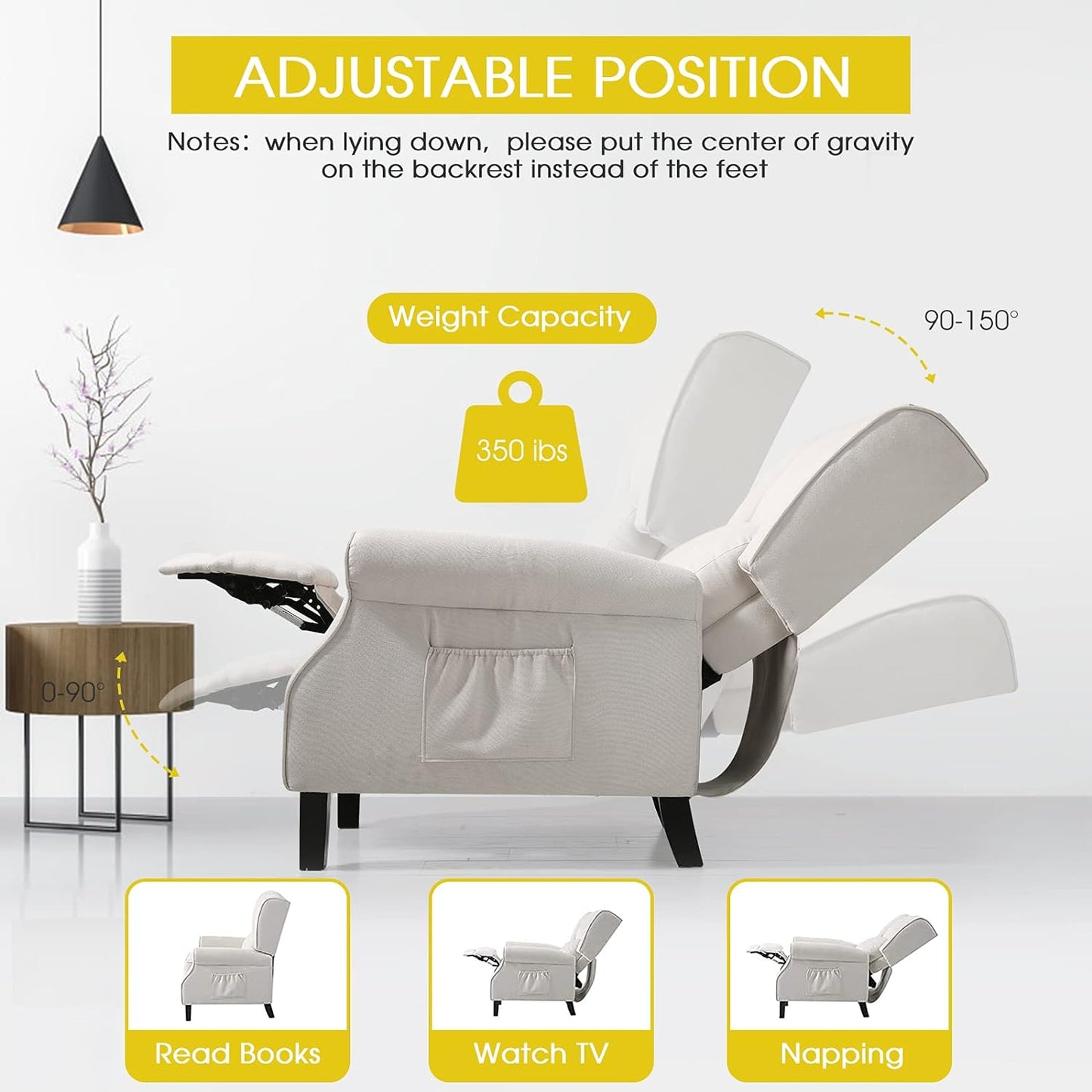 Recliner Chair for Living Room Recliner Sofa Reading Chair Winback Single Sofa Home Theater Seating Modern Reclining Chair Easy Lounge with Fabric Padded Seat Backrest Beige White