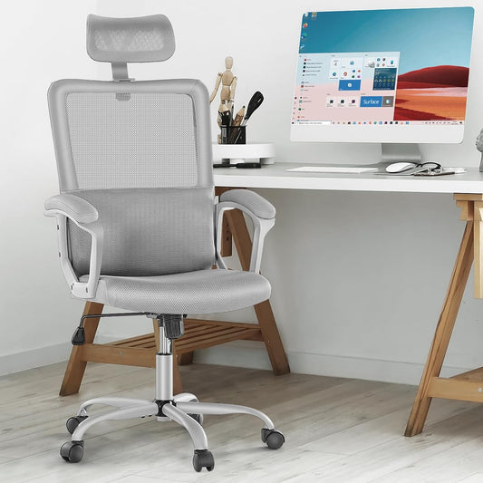 Ergonomic Home Mesh Swivel Rolling Office Desk Computer Chair with Adjustable Headrest, Soft PU Armrest, Lumbar Support and Rocking Function, 18.11" D x 19.49" W x 43.5" H, Grey