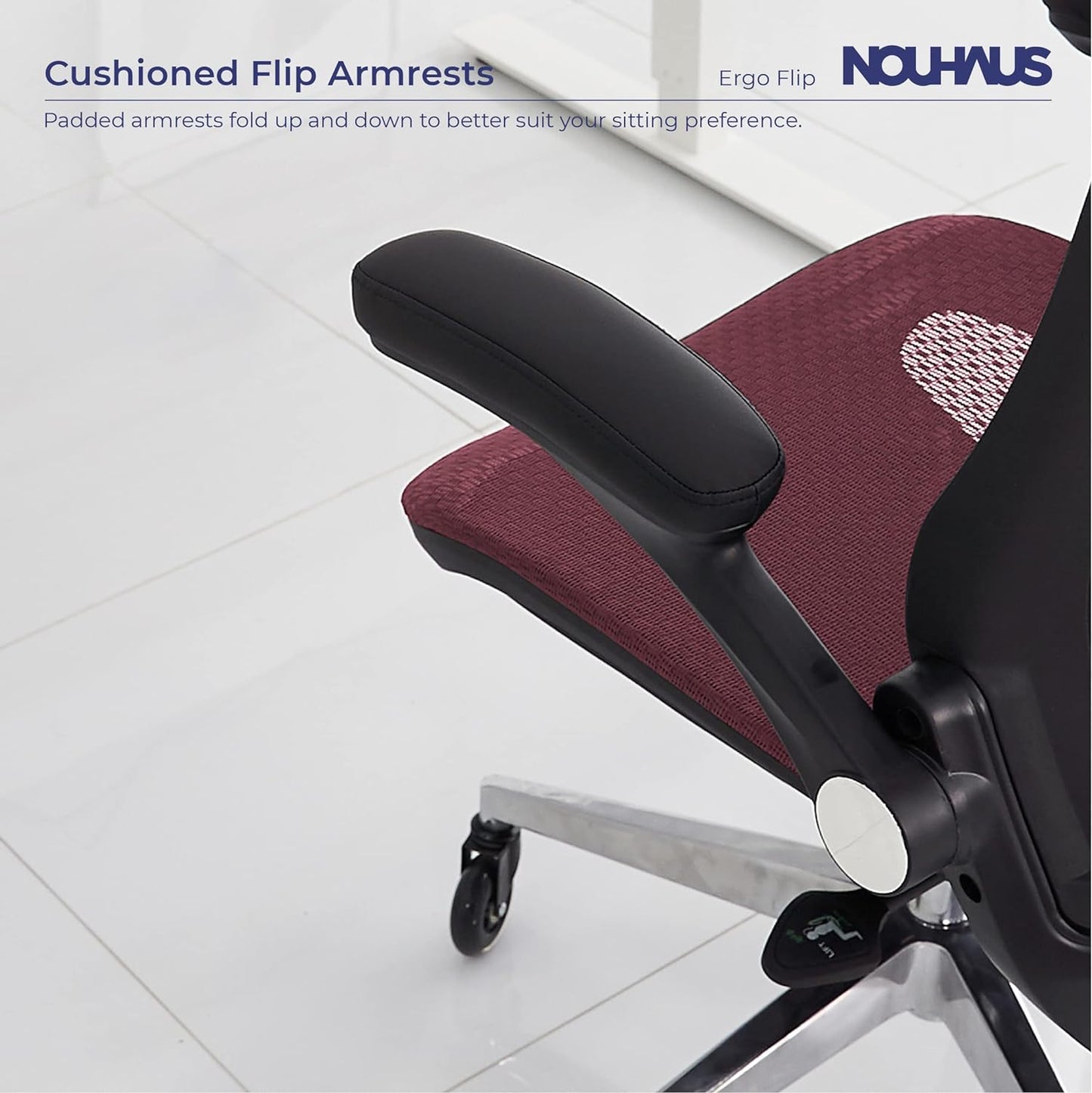 ErgoFlip Mesh Computer Chair - Burgundy Rolling Desk Chair with Retractable Armrest and Blade Wheels Ergonomic Office Chair, Desk Chairs, Executive Swivel Chair/High Spec Base