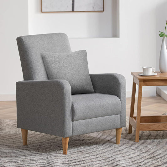Modern Upholstered Accent Chair Armchair with Pillow, Fabric Reading Living Room Side Chair, Single Sofa with Lounge Seat and Wood Legs, Light Grey