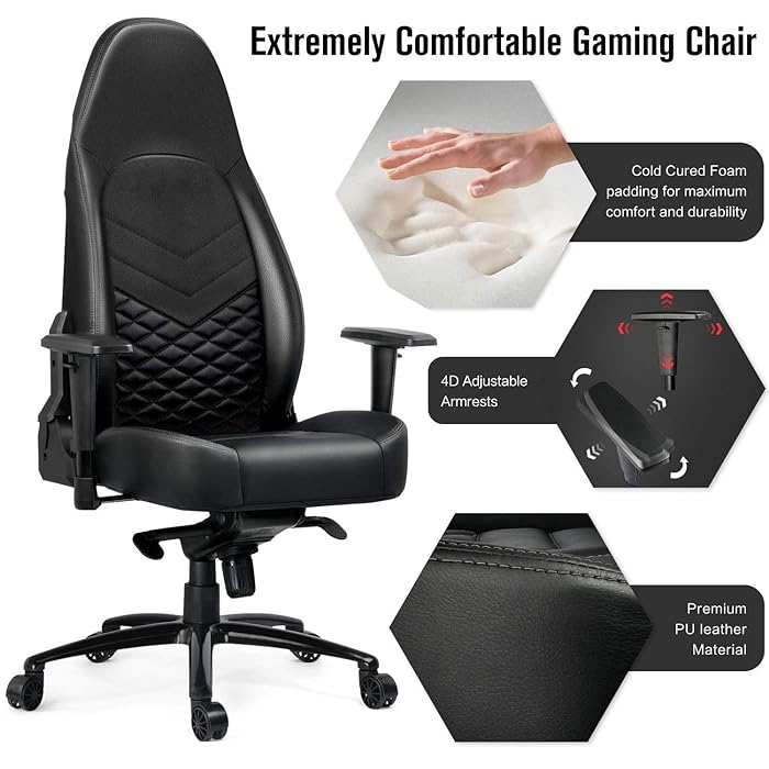 Gaming Chair and Office Chair with Lumbar Support, PU Faux Leather, Black