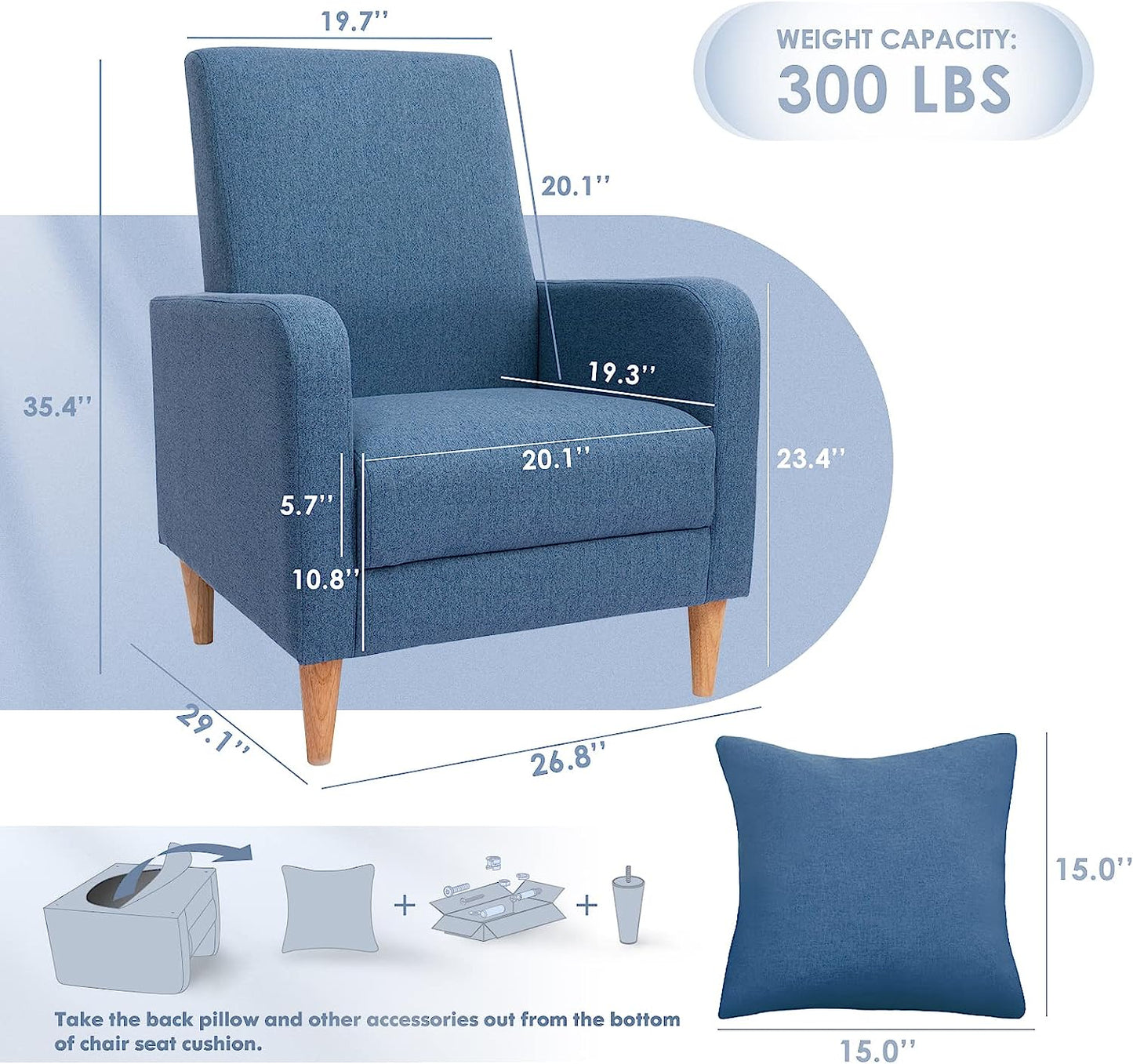 Modern Upholstered Accent Chair Armchair with Pillow, Fabric Reading Living Room Side Chair,Single Sofa with Lounge Seat and Wood Legs, Blue