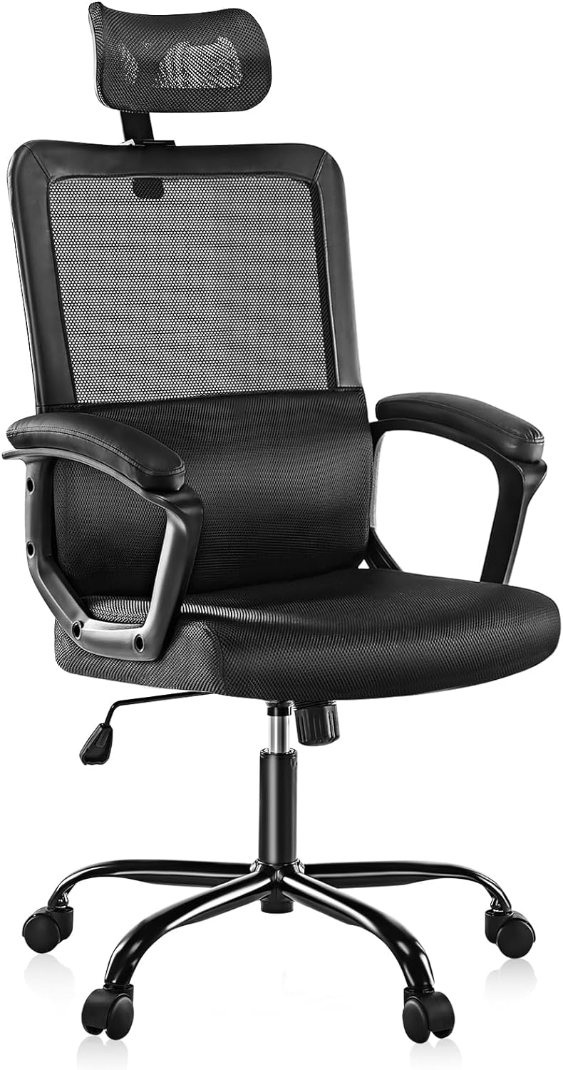 Ergonomic Home Mesh Swivel Rolling Office Desk Computer Chair with Adjustable Headrest, Soft PU Armrest, Lumbar Support and Rocking Function, 18.11" D x 19.49" W x 43.5" H, Black