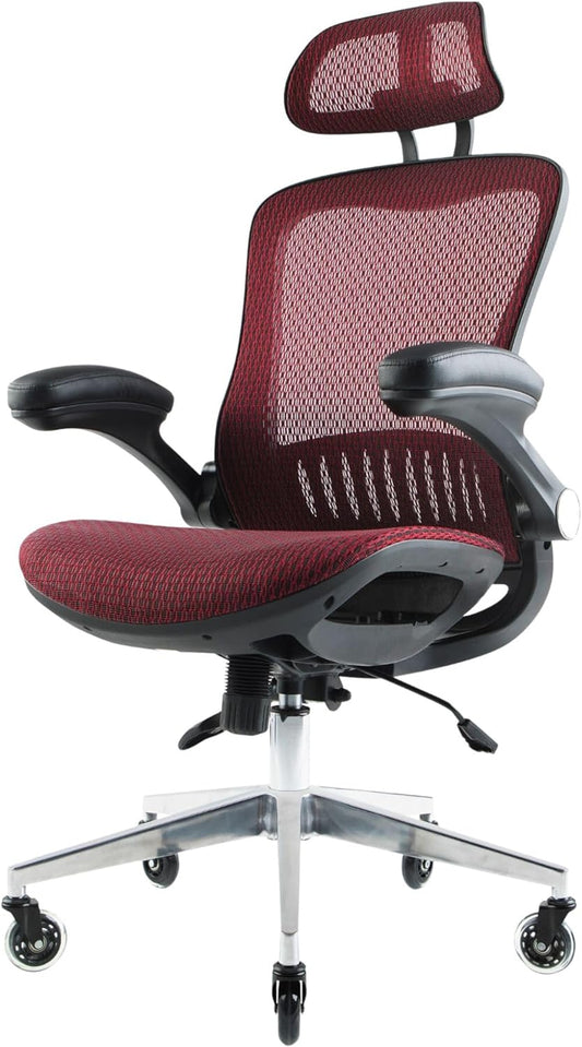 ErgoFlip Mesh Computer Chair - Burgundy Rolling Desk Chair with Retractable Armrest and Blade Wheels Ergonomic Office Chair, Desk Chairs, Executive Swivel Chair/High Spec Base