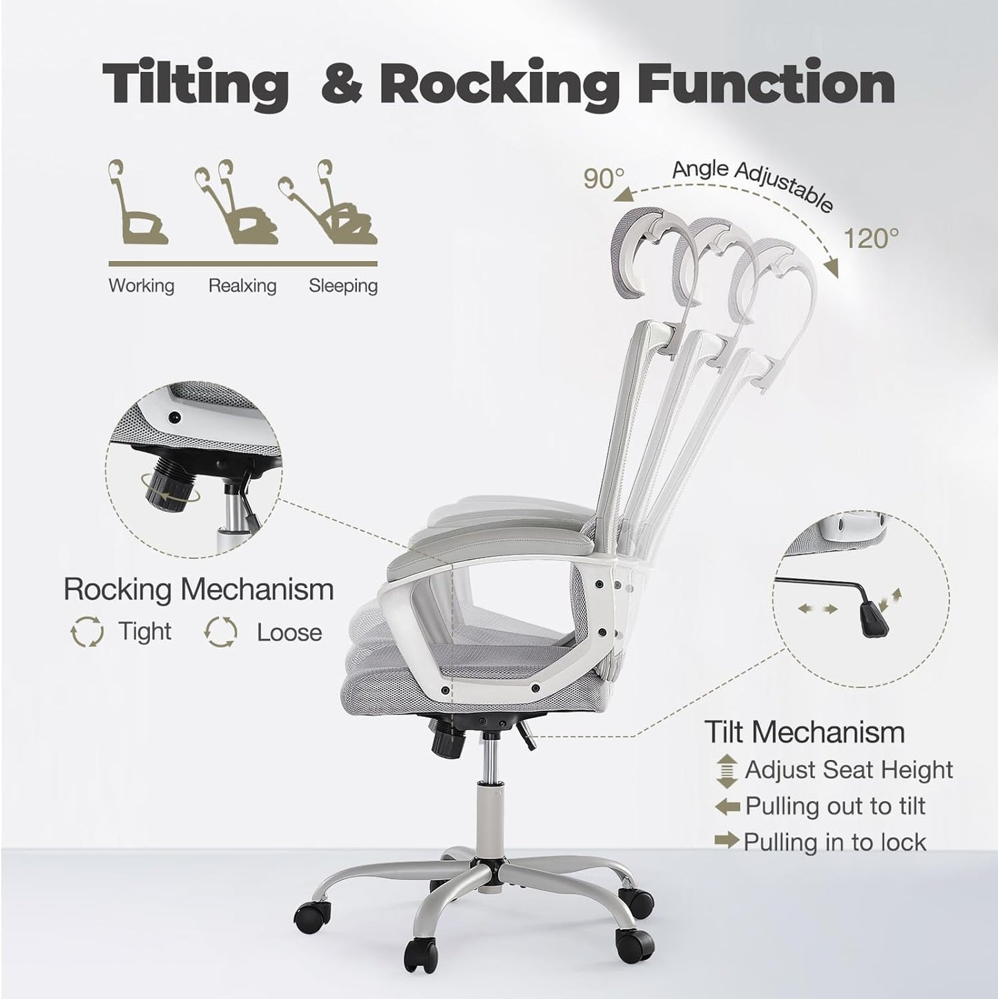 Ergonomic Home Mesh Swivel Rolling Office Desk Computer Chair with Adjustable Ergonomic Home Mesh Swivel Rolling Office Desk Computer Chair with Adjustable Headrest, Soft PU Armrest, Lumbar Support and Rocking Function, 18.11" D x 19.49" W x 43.5" H, Grey