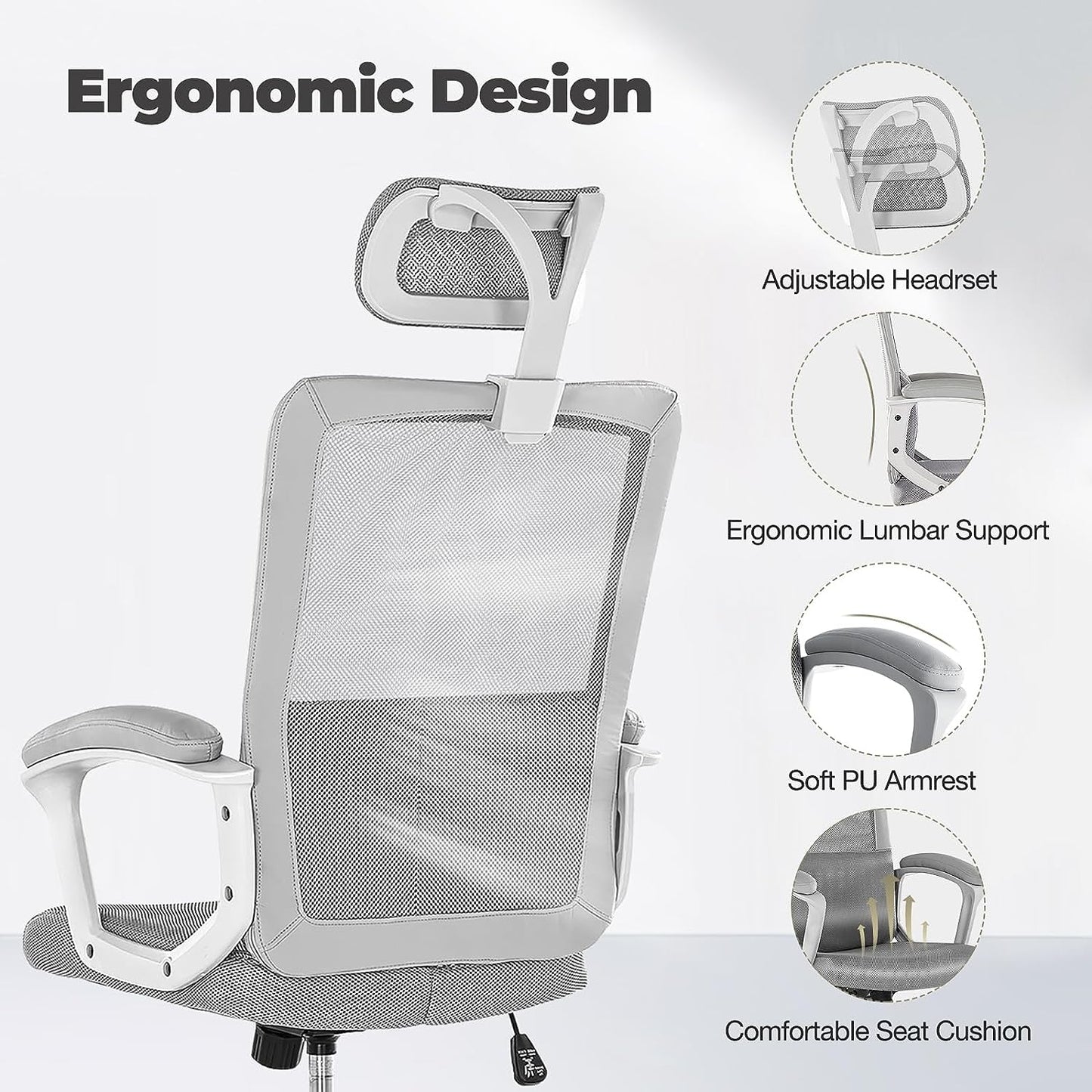 Ergonomic Home Mesh Swivel Rolling Office Desk Computer Chair with Adjustable Ergonomic Home Mesh Swivel Rolling Office Desk Computer Chair with Adjustable Headrest, Soft PU Armrest, Lumbar Support and Rocking Function, 18.11" D x 19.49" W x 43.5" H, Grey