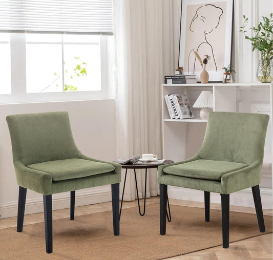 Corduroy Dining Chairs Set of 2 Upholstered Accent Side Leisure Chairs with Mid Back and Wood Legs for Living Room/Dining Room/Bedroom/Guest Room-Light Green