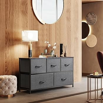 Dresser for Bedroom with 5 Drawers, Wide Chest of Drawers, Fabric Dresser, Storage Organizer Unit with Fabric Bins for Closet, Living Room, Hallway