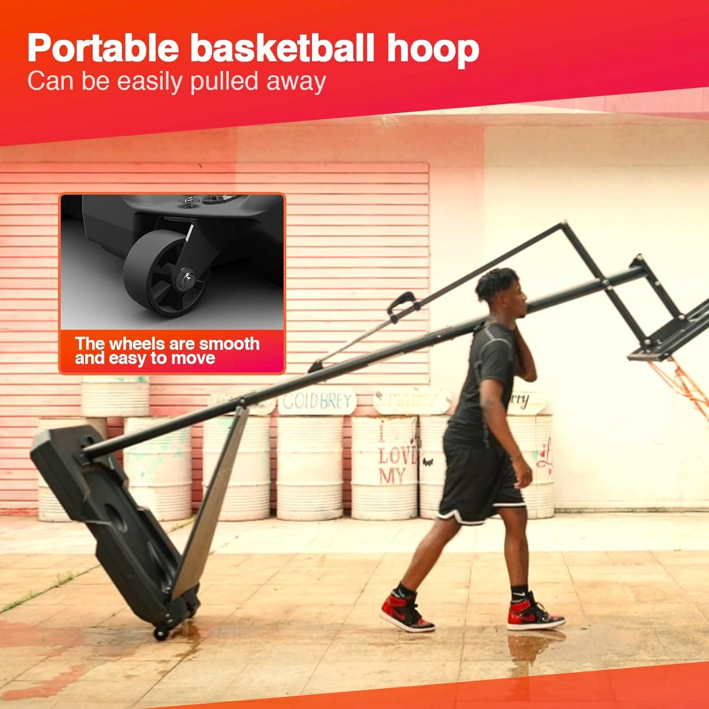 Basketball Hoop with 28-42 Inch Backboard and 2 Wheels, Basketball Hoop Outdoor 3.2-10 FT Adjustable