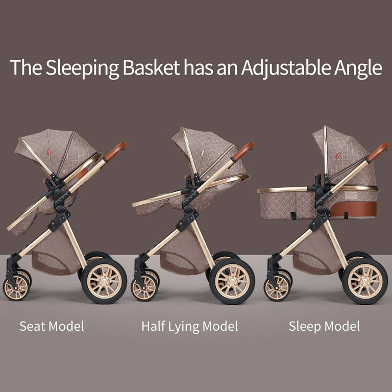 Baby Stroller, Foldable Aluminum Alloy Pushchair with Adjustable Backrest, 3 in 1 High Landscape Convertible Reversible Bassinet Pram for Infant & Toddler,BLACK