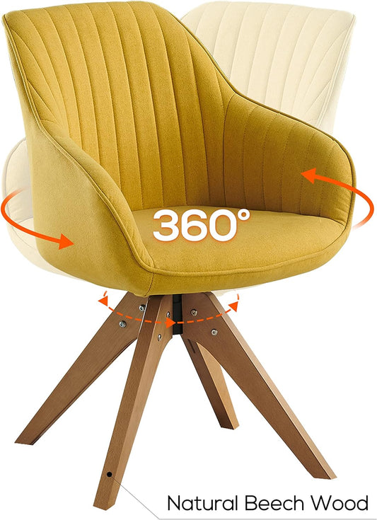 Mid Century Modern Fabric Upholstered Swivel Dining Room Chair with Wood Legs, Leisure Side Chair with Arms for Living Room, Yellow