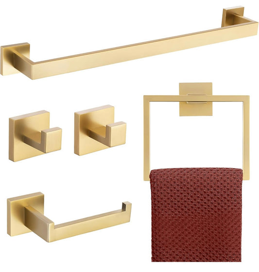 Bathroom Hardware Set Brushed Gold 5-Piece Towel Bar Set Include 24 Inch Towel Bar Towel Ring Toilet Paper Holder and 2 Robe Hooks 304 Stainless Steel Towel Rack Set Wall Mount