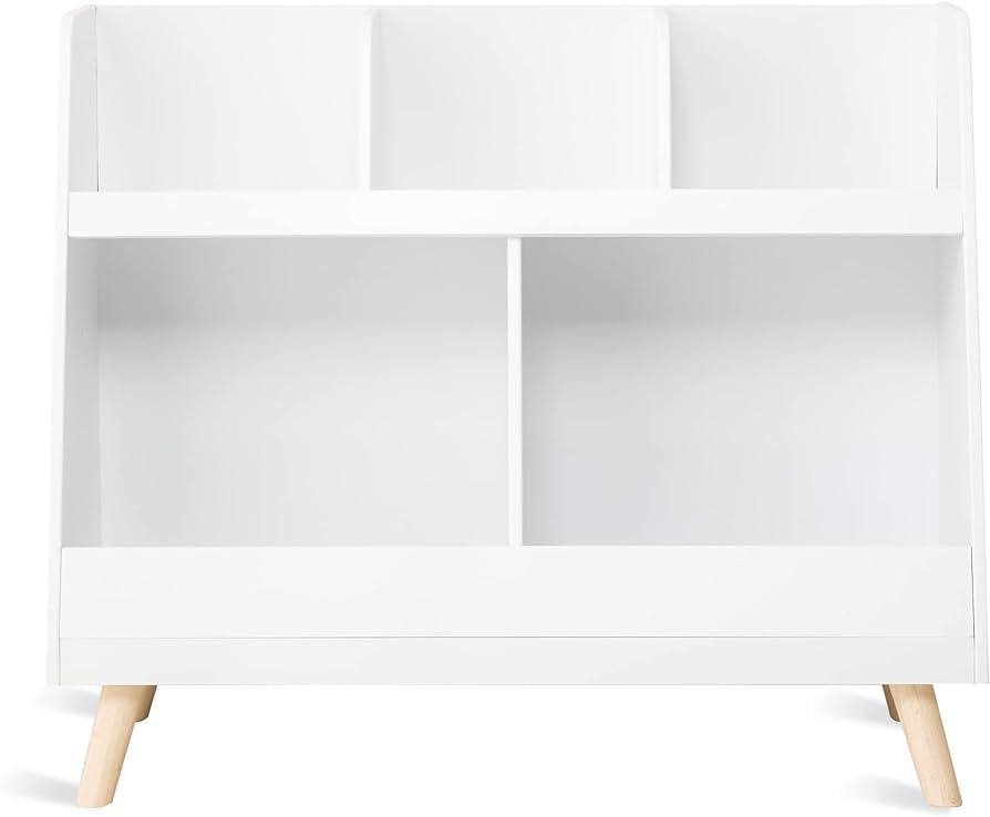 Kids Bookshelf, Baby Book Shelf and Toy Organizer, Wooden Open Bookcase with 5 Cubbies, 2-Tier Baby Storage Display, Christmas and Birthday Gifts for Playing Room, Nursery, White