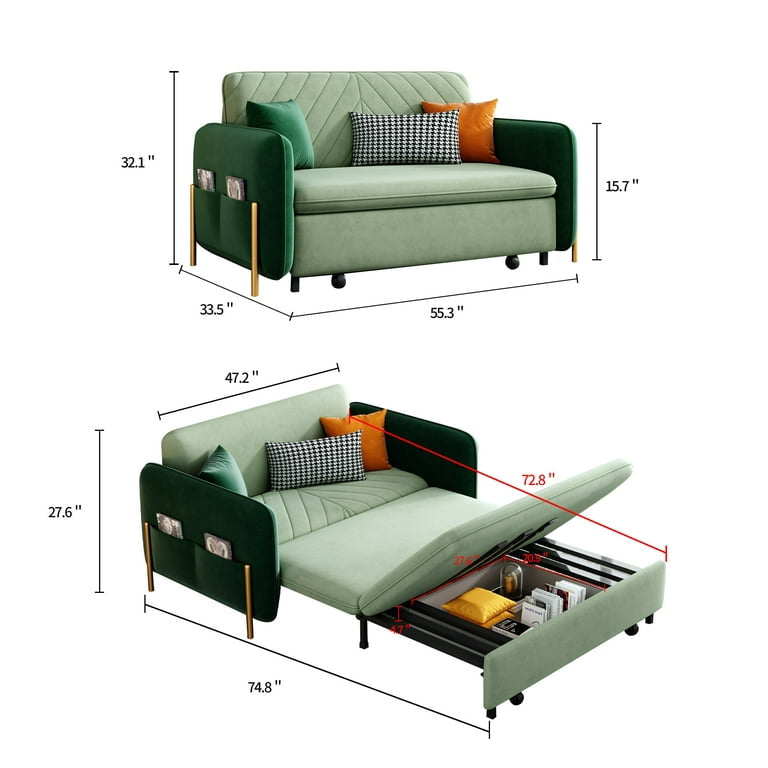 53.5" Full Sleeper Sofa Green Upholstered Convertible Sofa Bed 3 in 1 Sleeper Sofa Couch Bed, Small Tufted Velvet Convertible Loveseat Futon Sofa w/Pullout Bed, Multi-Pockets for Living Room