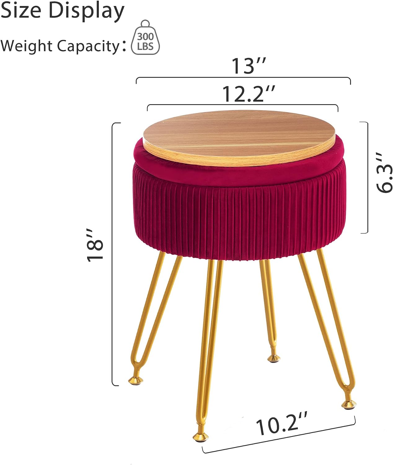 Velvet Vanity Stool Chair for Makeup Room, Rose Red Vanity Stool with Gold Legs,18” Height, Small Storage Ottoman Foot Ottoman Rest for Living Room, Bathroom