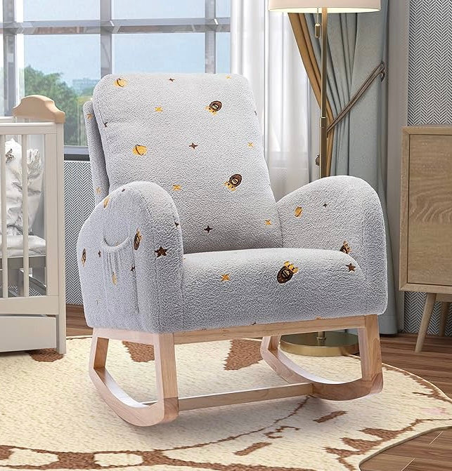 26.8"W Modern Rocking Chair for Nursery, Mid Century Accent Rocker Armchair with Side Pocket, Upholstered High Back Wooden Rocking Chair for Living Room Baby Room Bedroom (Light Grey)