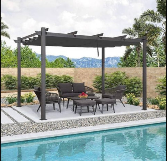 PURPLE LEAF 10' x 13' Retractable Patio Pergola with Double Canopy Outdoor Deck Backyard Garden. Grey