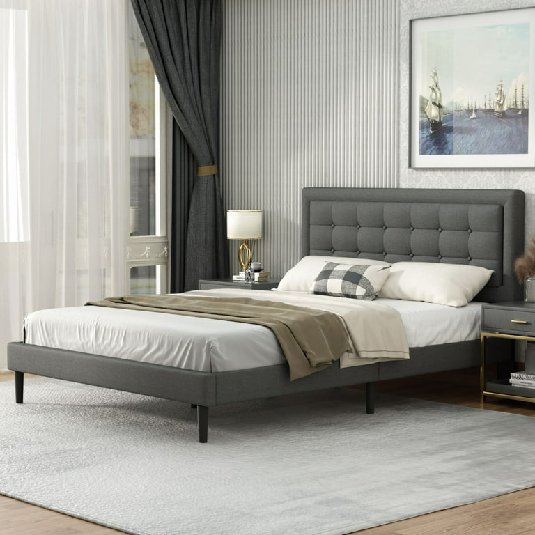 Bed Frame Queen Size with Upholstered Headboard, Modern Tufting Style, Gray
