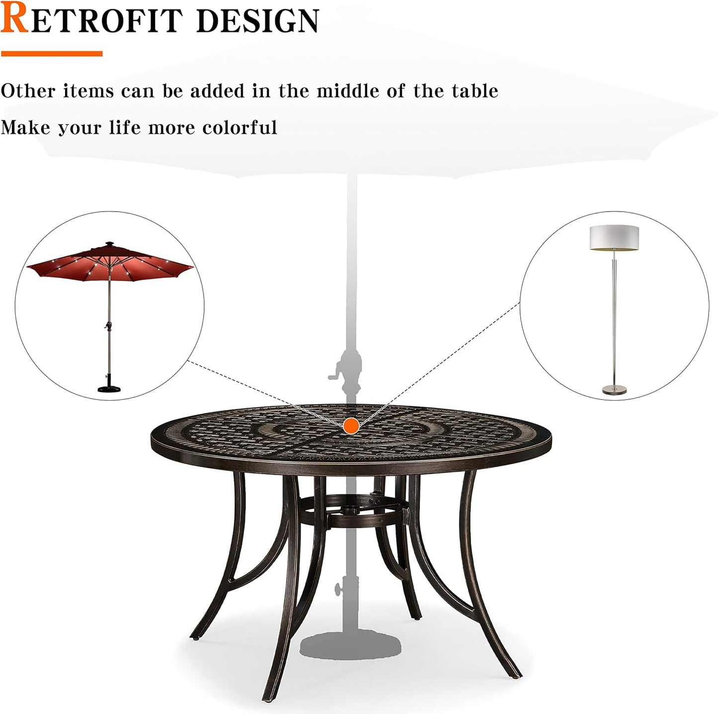 PURPLE LEAF 47" Outdoor Cast Aluminum Round Dining Table with Umbrella Hole Patio Furniture for Backyard Lawn Balcony Deck, Patio Dining Table, Lattice