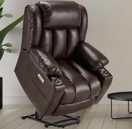 Large Power Lift Recliner Chair with Massage and Heat for Elderly, Overstuffed Wide Recliners, Genuine Leather with Breathable microporous, USB Ports, 2 Cup Holders (Brown)