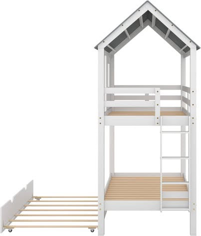 Quarte Twin Over Twin House Bunk Bed with Slide and Windows, Wood Low Bunk Bed with Ladder and Guardrails,Designed for Toddlers/Kids/Teens/Girls/Boys