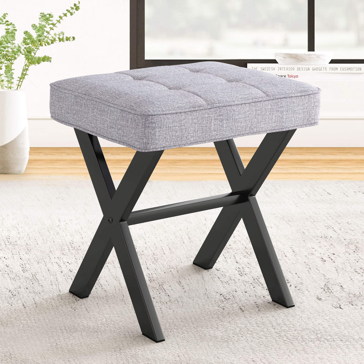 Vanity Stool, Square Linen Makeup Stool with Metal X Legs, Small Ottoman Stool Chair for Vanity, Modern Padded Vanity Seat Foot Rest Stool for Makeup Room, Living Room, Bathroom, Dark Gray