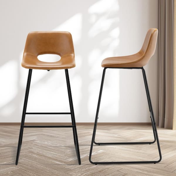 30 in. Whiskey Brown Low Back Metal Frame Bar Stools with Faux Leather Seat 22 in. W x 18.9 in.