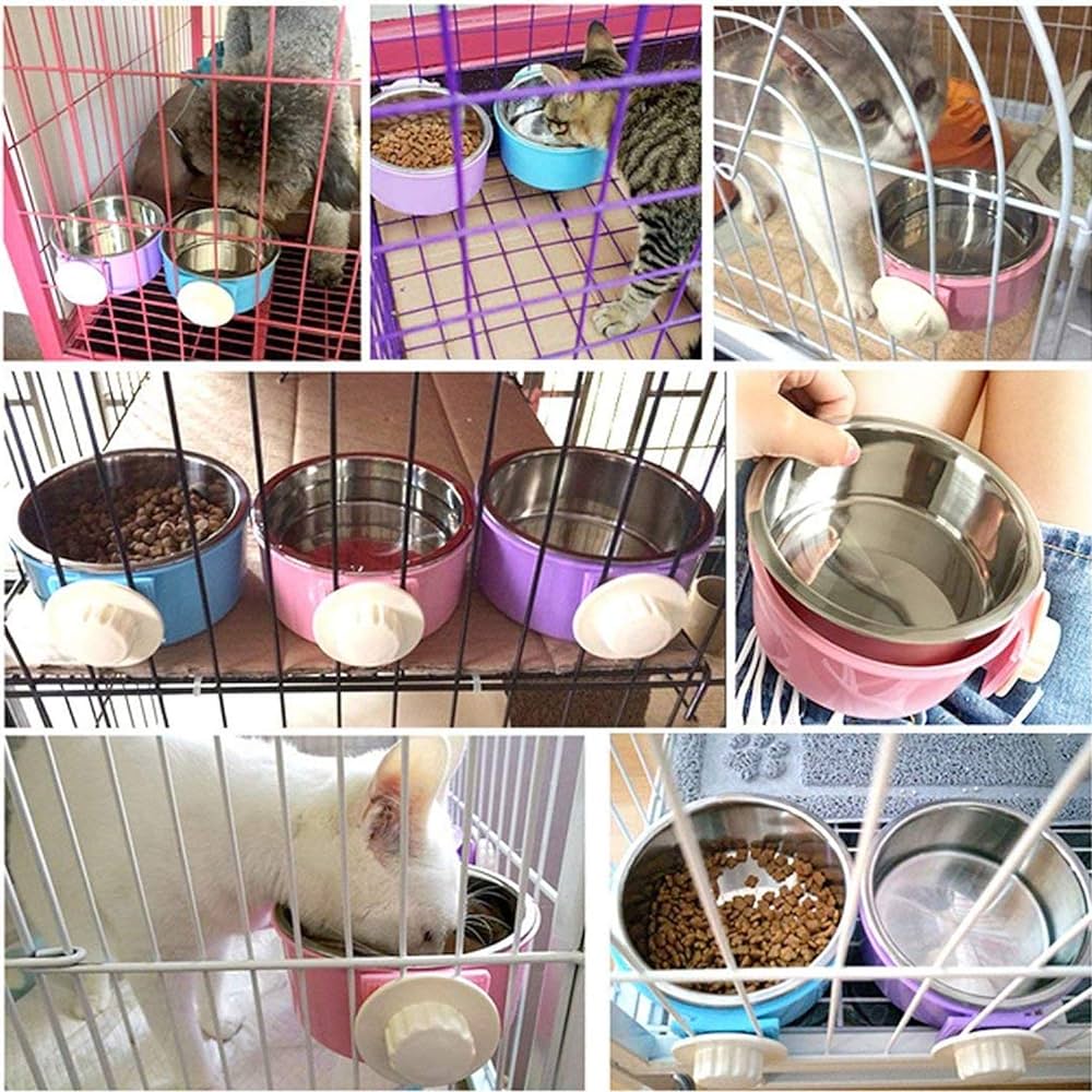 3 PCS Set Crate Dog Food Water Bowls, 2-in-1 Plastic Kennel Bowl & Stainless Steel Pet Bowl, Removable Hanging Cat Food Bowls, Feeder Coop Cup Perfect for Cat, Puppy, Birds, Rats, Ferret, Guinea Pigs.