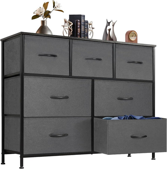 Dresser for Bedroom with 7 Drawers, Storage Organizer Units Furniture, Chest Tower TV Stand with Fabric Bins, Metal Frame, Wooden Top for Nursery, Living Room, Kidsroom, Closet