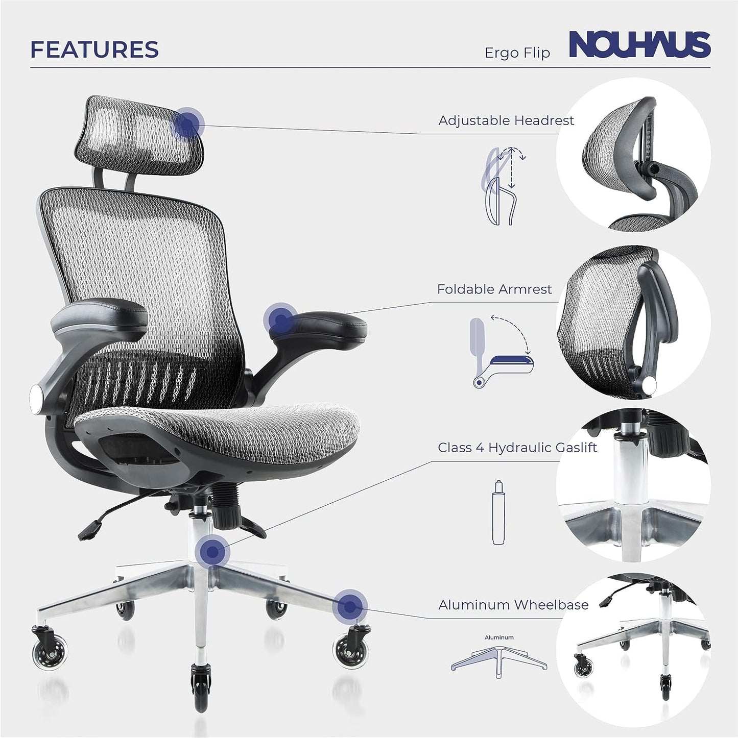 ErgoFlip Mesh Computer Chair - Grey Rolling Desk Chair with Retractable Armrest and Blade Wheels Ergonomic Office Chair, Desk Chairs, Executive Swivel Chair/High Spec Base