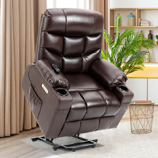 Recliner Chair, Leather 3 Positions Lift Chair with Heat and Massage for Elderly, Power Lift Recliner with Cup Holder, USB Charging Port and Easy-to-use Hand Control (Classic Brown)