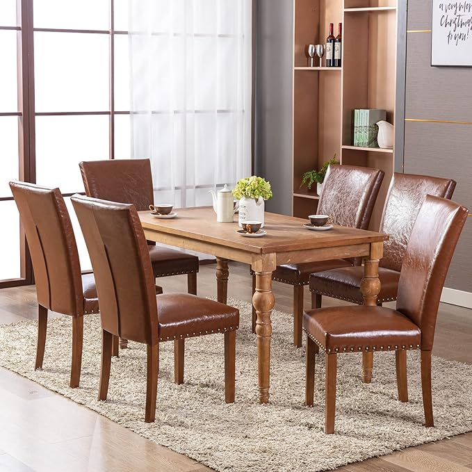 Upholstered Parsons Dining Chairs.PU Leather Dining Room Kitchen Side Chair with Nailhead Trim and Wood Legs - Light Brown