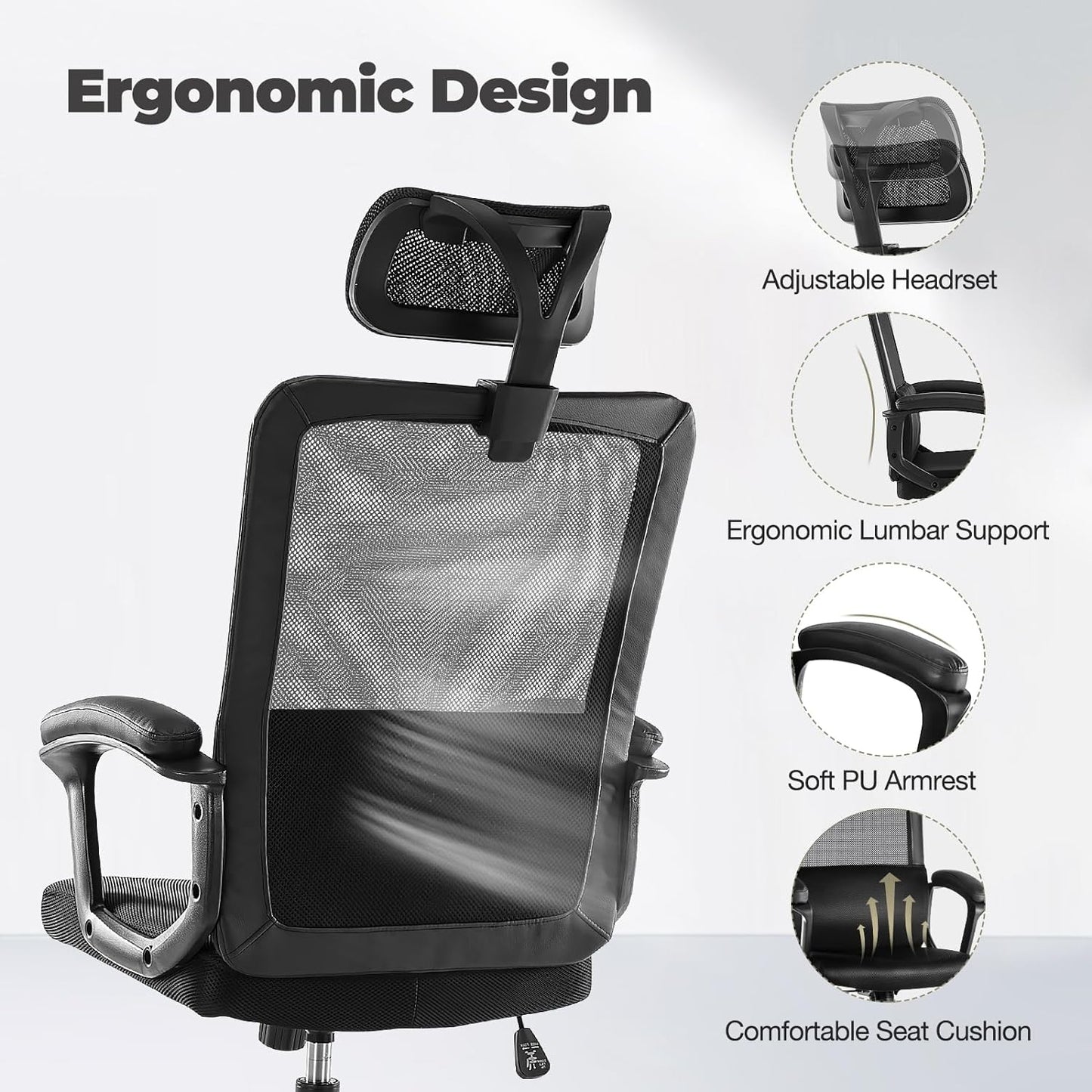 Ergonomic Home Mesh Swivel Rolling Office Desk Computer Chair with Adjustable Headrest, Soft PU Armrest, Lumbar Support and Rocking Function, 18.11" D x 19.49" W x 43.5" H, Black
