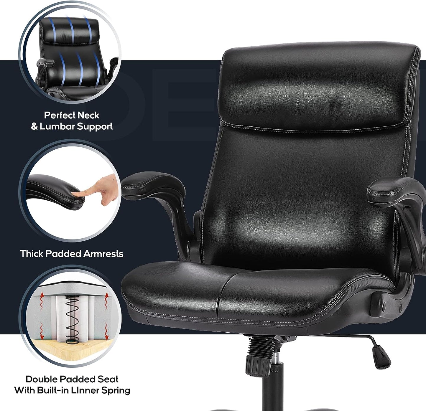 Office Chair Executive Computer Chair-Ergonomic Home Office Chair with Padded Flip-up Arms, Adjustable Height and Tilt Lock, Swivel Rolling Task Chair with Thick Leather for Comfort, Black