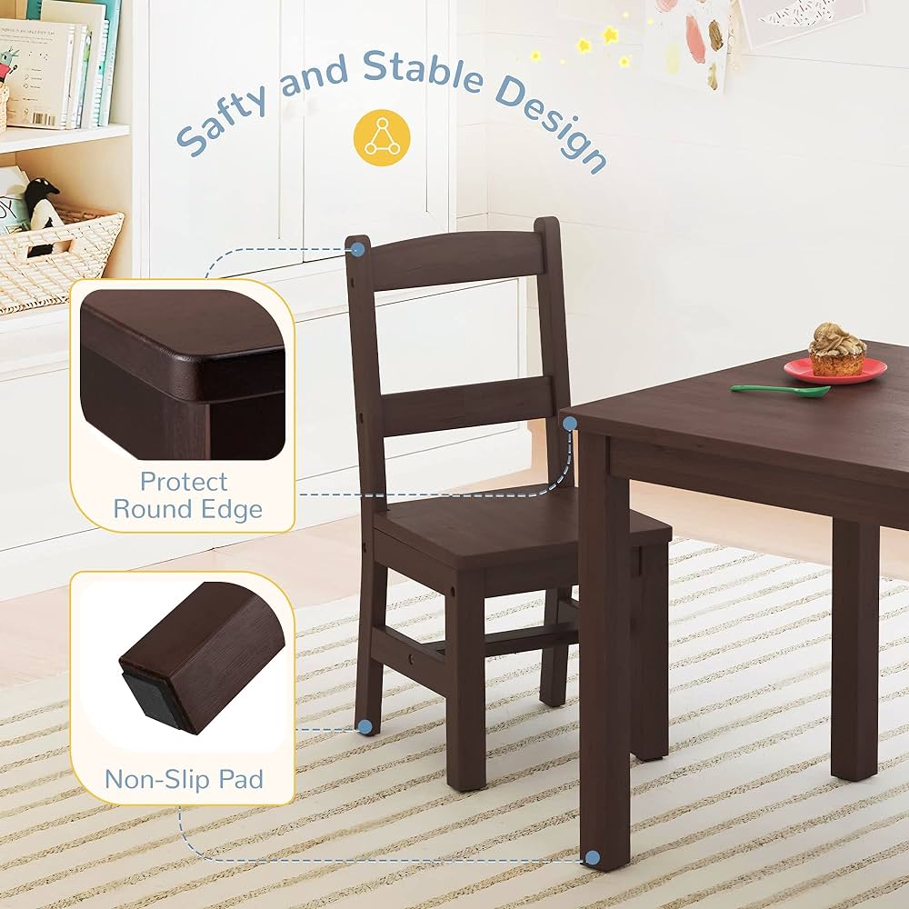 Rubberwood Kids Table and Chair Set(2 Chairs), Water Resistant Kids Table with Non-Slip Pad, Waterfall Edge Design, Easy to Clean, Children Gift for Boy, Girl in Bedroom, Playroom, Espresso