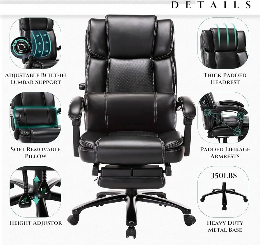 Big and Tall Office Chair with Footrest-Ergonomic Office Chair with Adjustable Backrest, Lumbar Support Pillow, Executive Computer Desk Chair Thick Bonded Leather for Comfort, 350LBS, Black