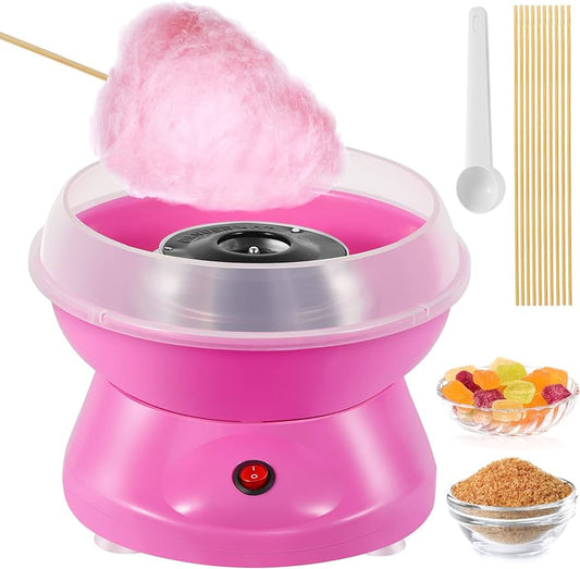 Cotton Candy Machine for Kids, Mini Electric Cotton Candy Maker with Food Grade Splash-Proof Plate for Home Kids Birthday Family Party, Includes 10 Bamboo Sticks & Sugar Scoop, Pink