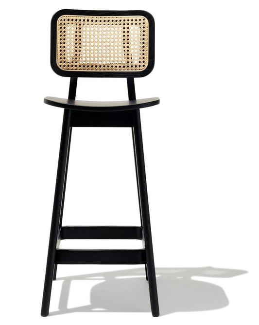 Manhattan Comfort Versailles Black & Natural Cane Counter Stool.Designer Modern Wood Bar Stool with Natural Cane Back 30”Height