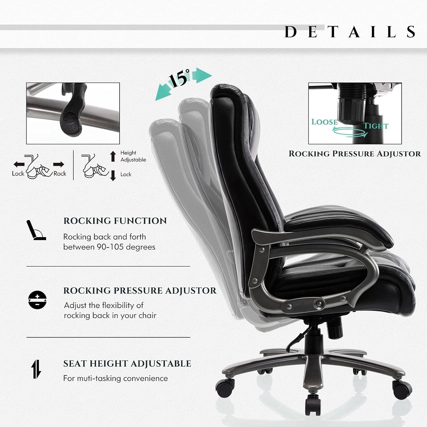 Big & Tall 400lb Office Chair - High Back Executive Computer Chair Heavy Duty Metal Base and Adjustable Tilt Angle Large Bonded Leather Desk Swivel Chair, Ergonomic Design for Lumbar Support