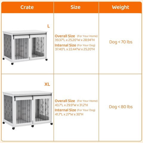 Large Dog Crate Furniture with Sliding Barn Door, 43.7" Wooden Dog Kennel End Table with Wheels and Flip-top Plate Dog House with Detachable Divider for Small/Medium/Large Dog (White)