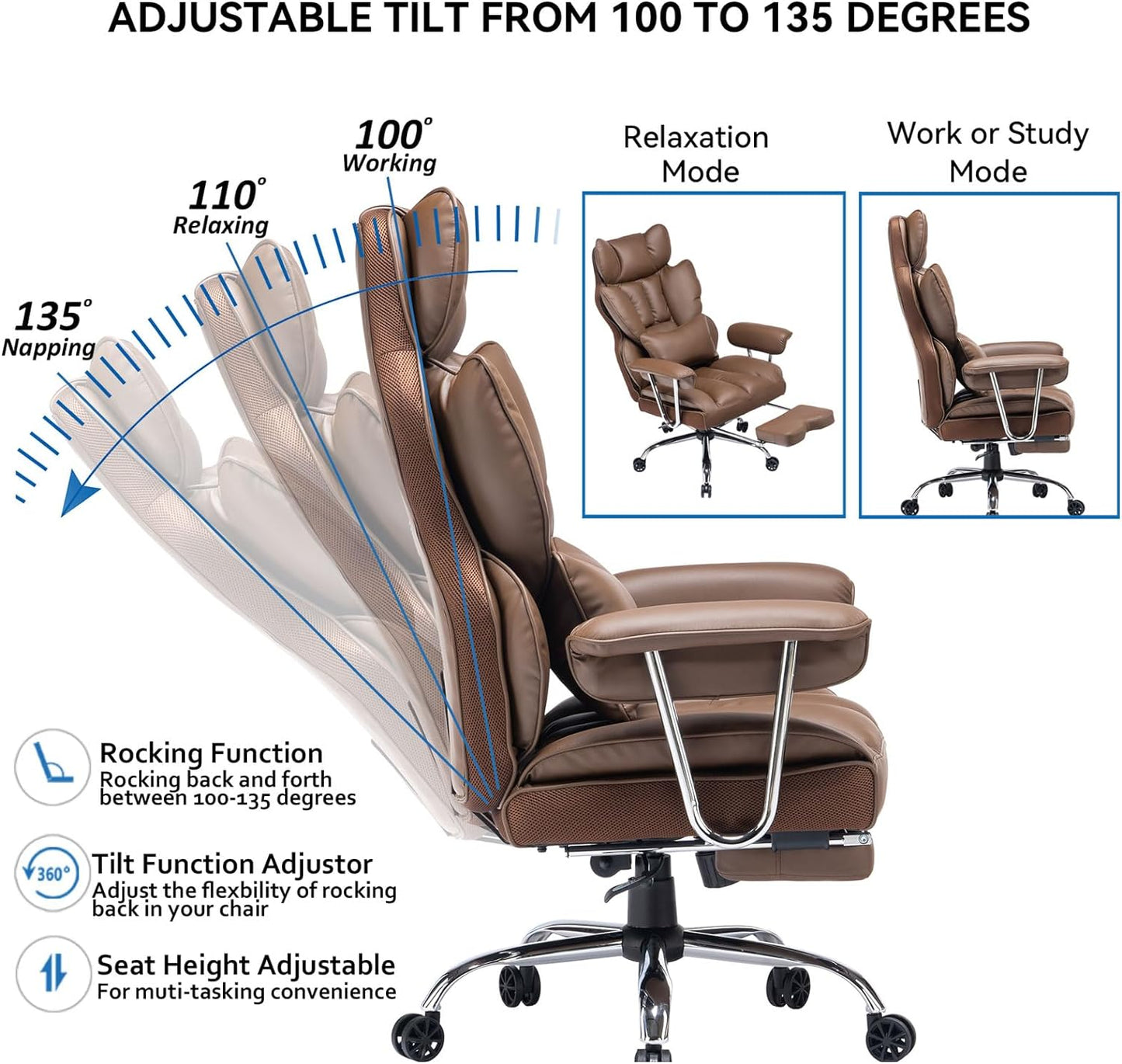 Desk Office Chair 400LBS, High Back Office Chair,PU Leather Office Chair, Executive Office Chair, Reclining Office Chair, Brown Office Chair with Lumbar Support and Leg Rest
