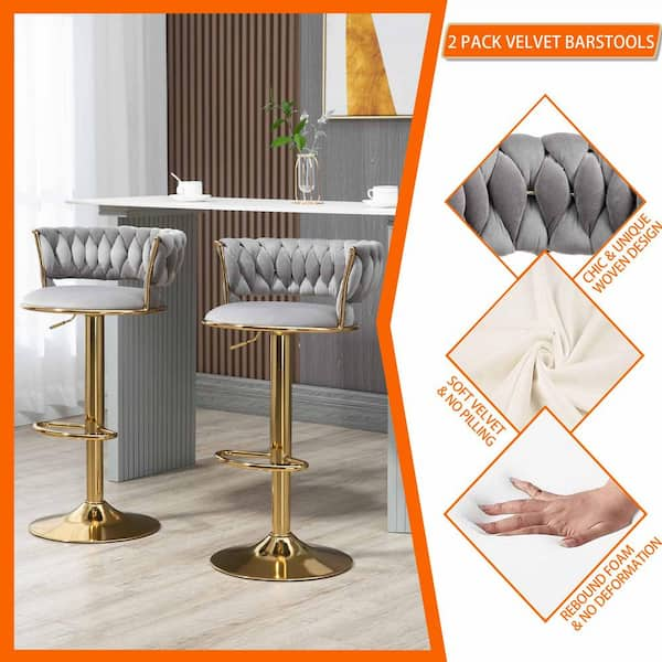 Set of 2 Modern Bar Stools, Stainless Steel Swivel, 360 Swivel Velvet Upholstered Adjustable Counter Bar Stool, Counter Gold High Chair, Rotation Kitchen Bar for Home Bistro, Grey